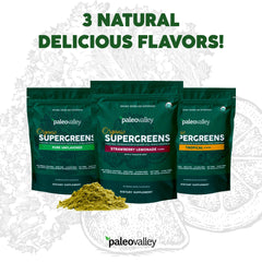 Paleovalley Organic Supergreens spoon added to water for energy boost.