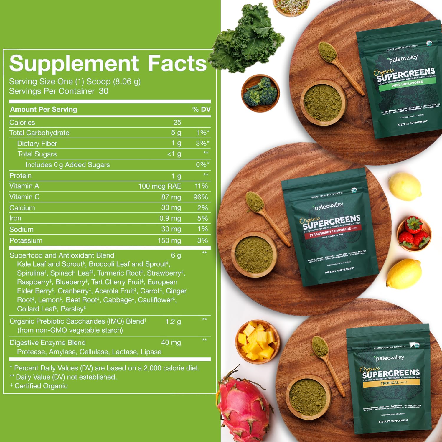 Paleovalley Organic Supergreens label highlights clean ingredients and organic quality.