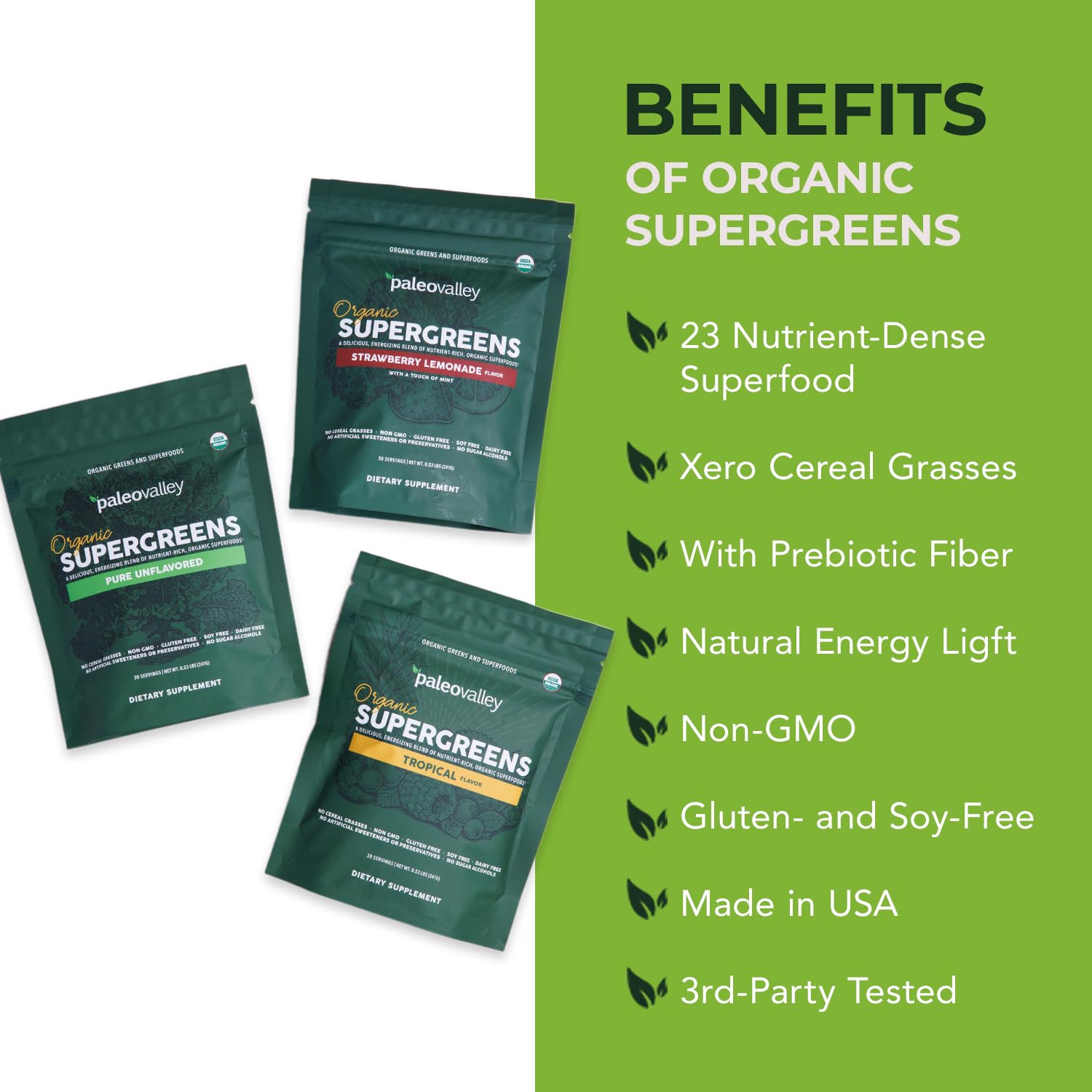 Paleovalley Organic Supergreens spoon-dip highlights convenient serving for on-the-go nutrition