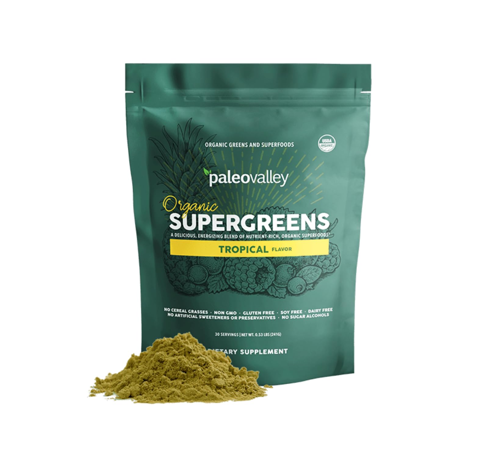 Paleovalley Organic Supergreens tropical powder in a glass, supporting daily energy.