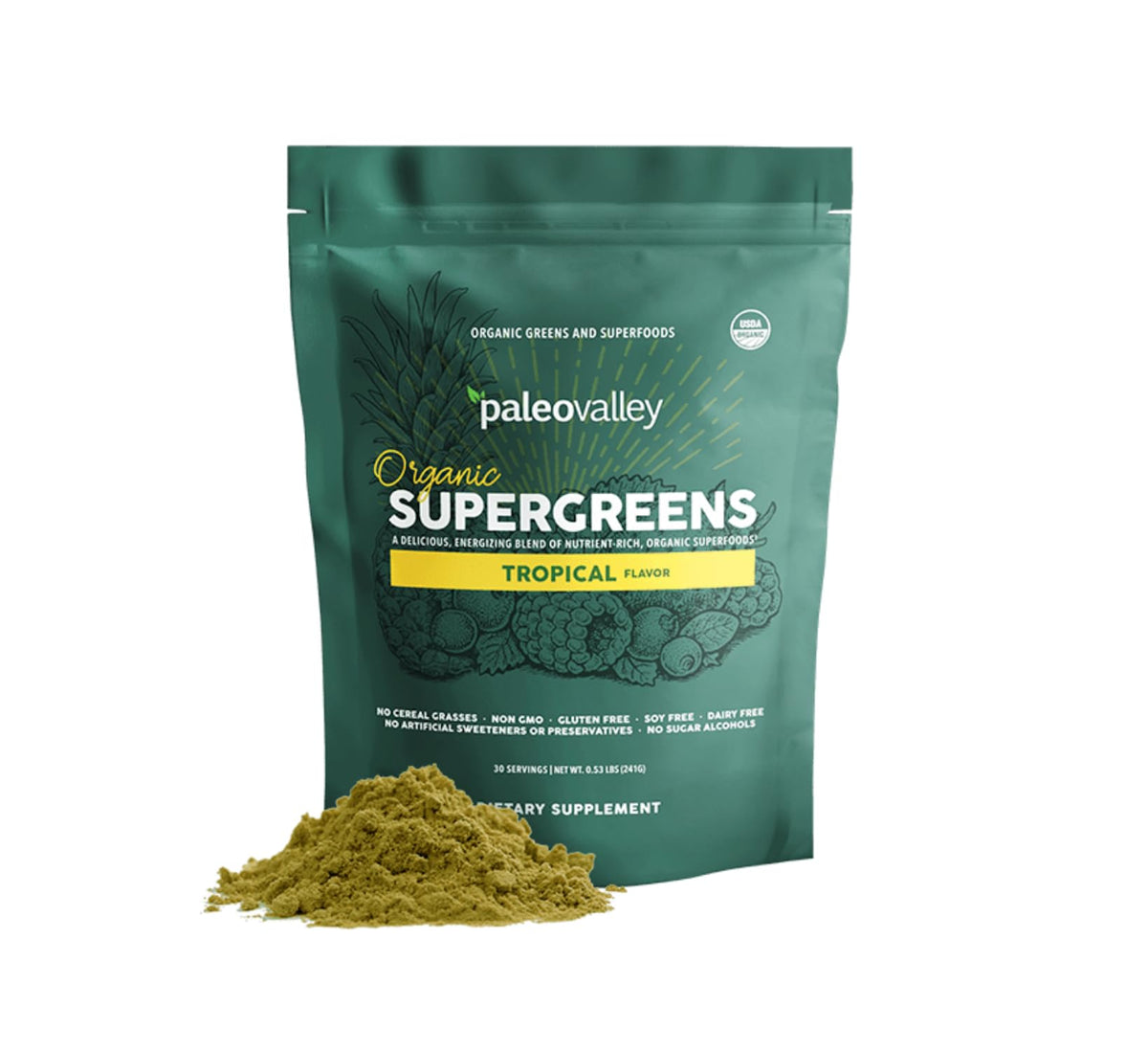 Paleovalley Organic Supergreens tropical powder in a glass, supporting daily energy.