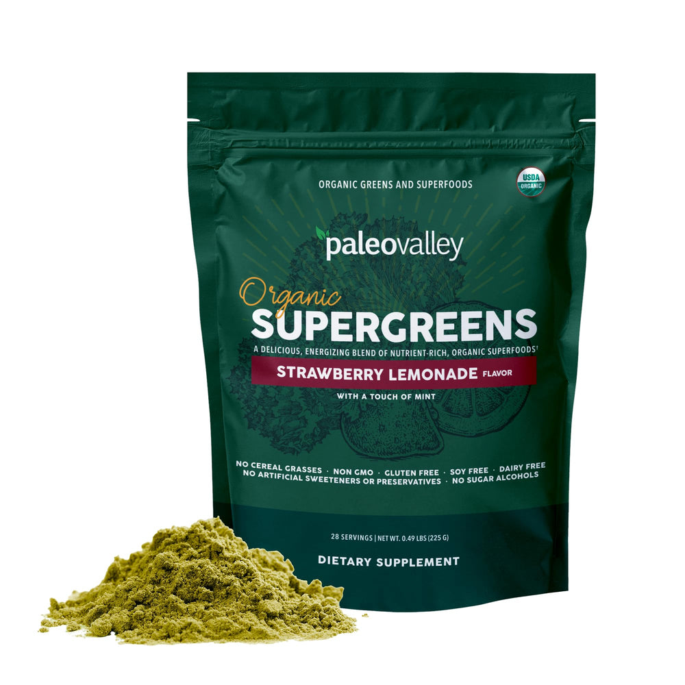 Paleovalley Organic Supergreens tub opened showing vibrant greens for daily energy.