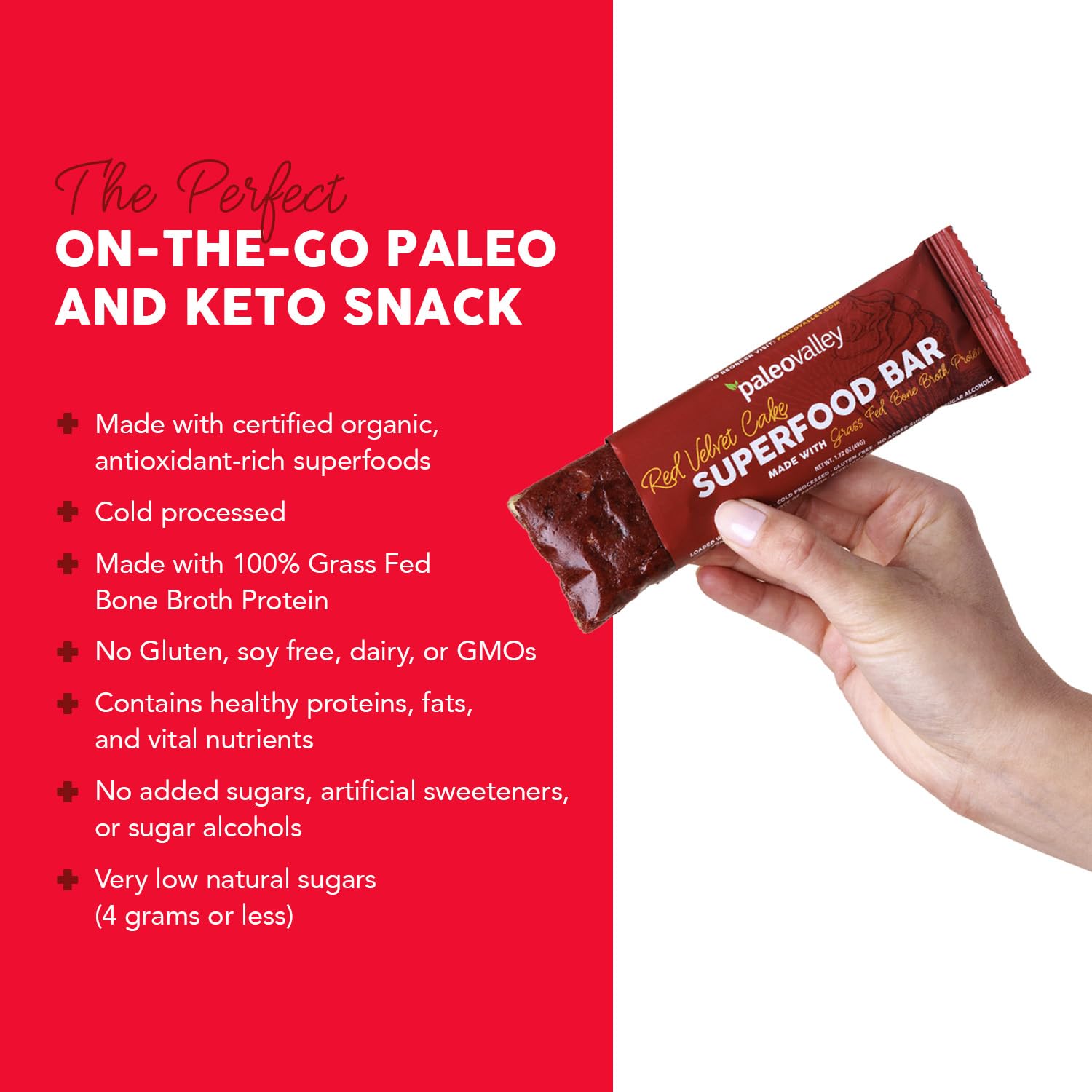 Paleovalley Red Velvet Bar on wooden table showcases organic superfood ingredients