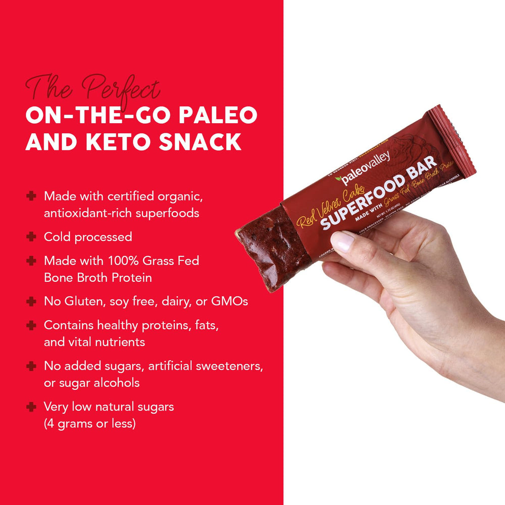 Paleovalley Red Velvet Bar on wooden table showcases organic superfood ingredients