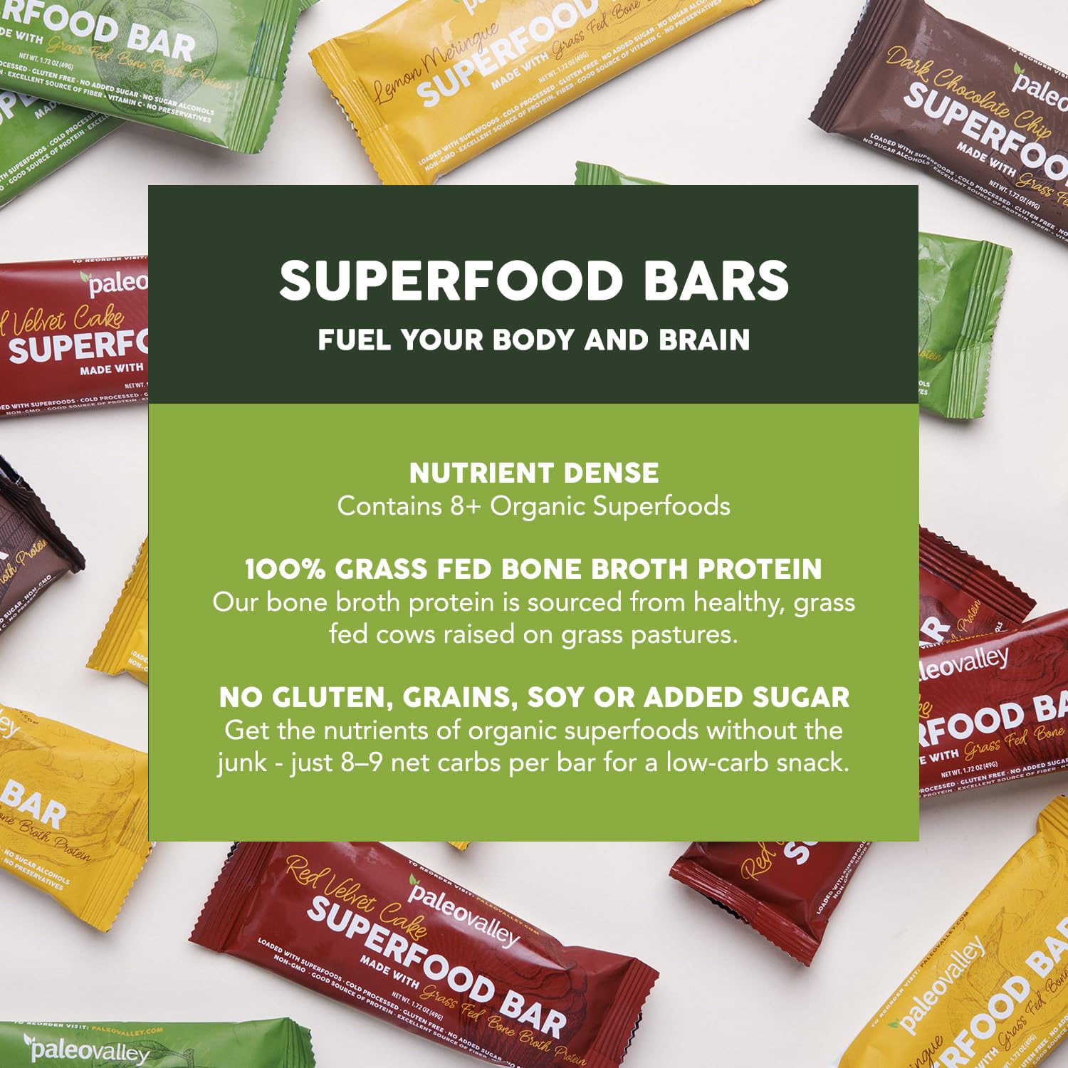 Paleovalley Superfood Bars gluten-free, dairy-free packaging for allergy-conscious snacking