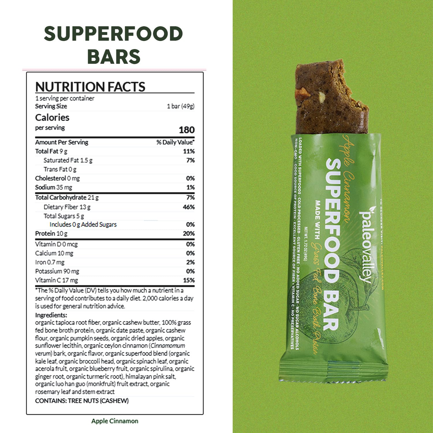 Paleovalley Superfood Bars ingredients close-up highlighting greens and turmeric