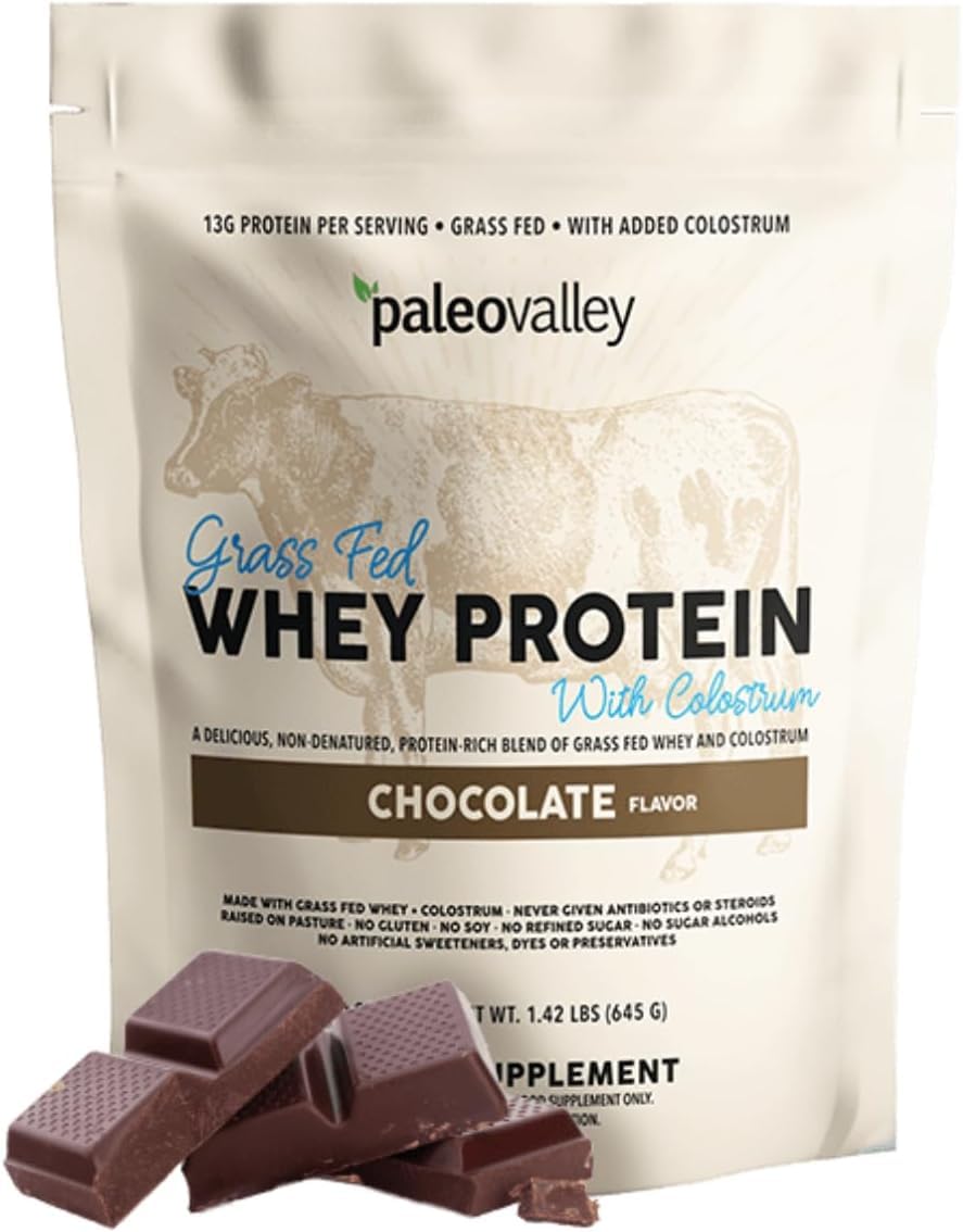 Paleovalley chocolate whey protein tub with grass-fed formula for muscle support.