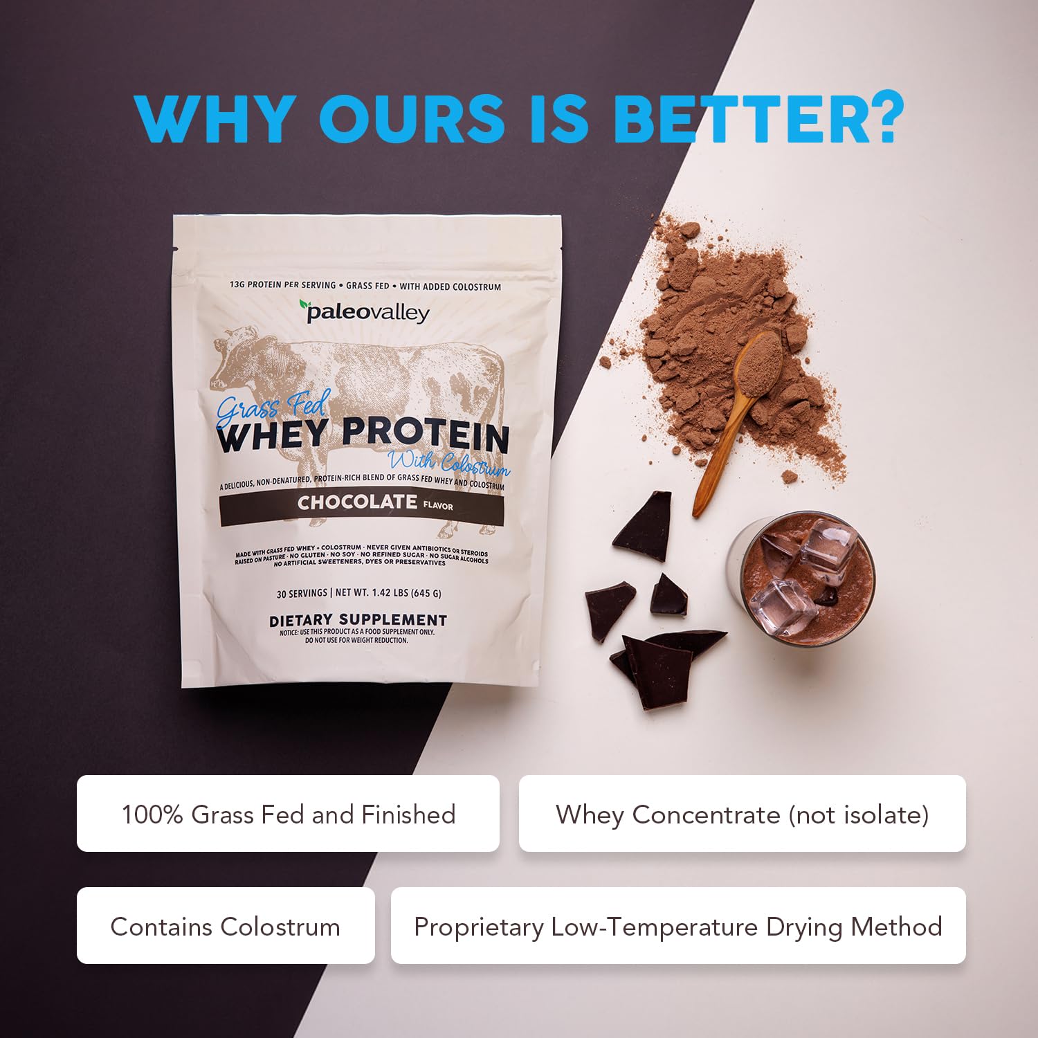 Pouring Paleovalley whey into a glass for post-workout recovery.