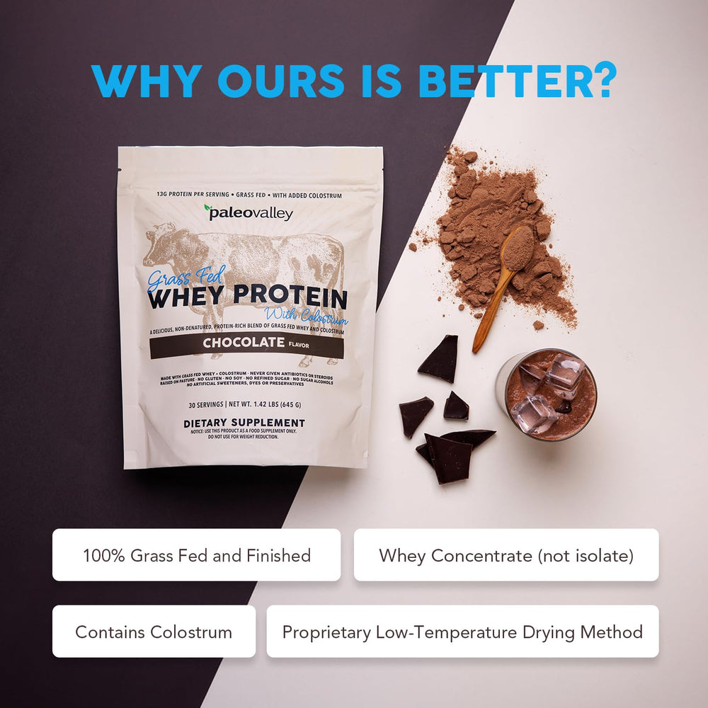 Pouring Paleovalley whey into a glass for post-workout recovery.