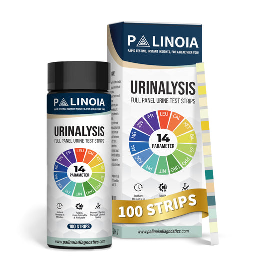 Palinoia 14-in-1 urine test strips bottle ready for home screening.
