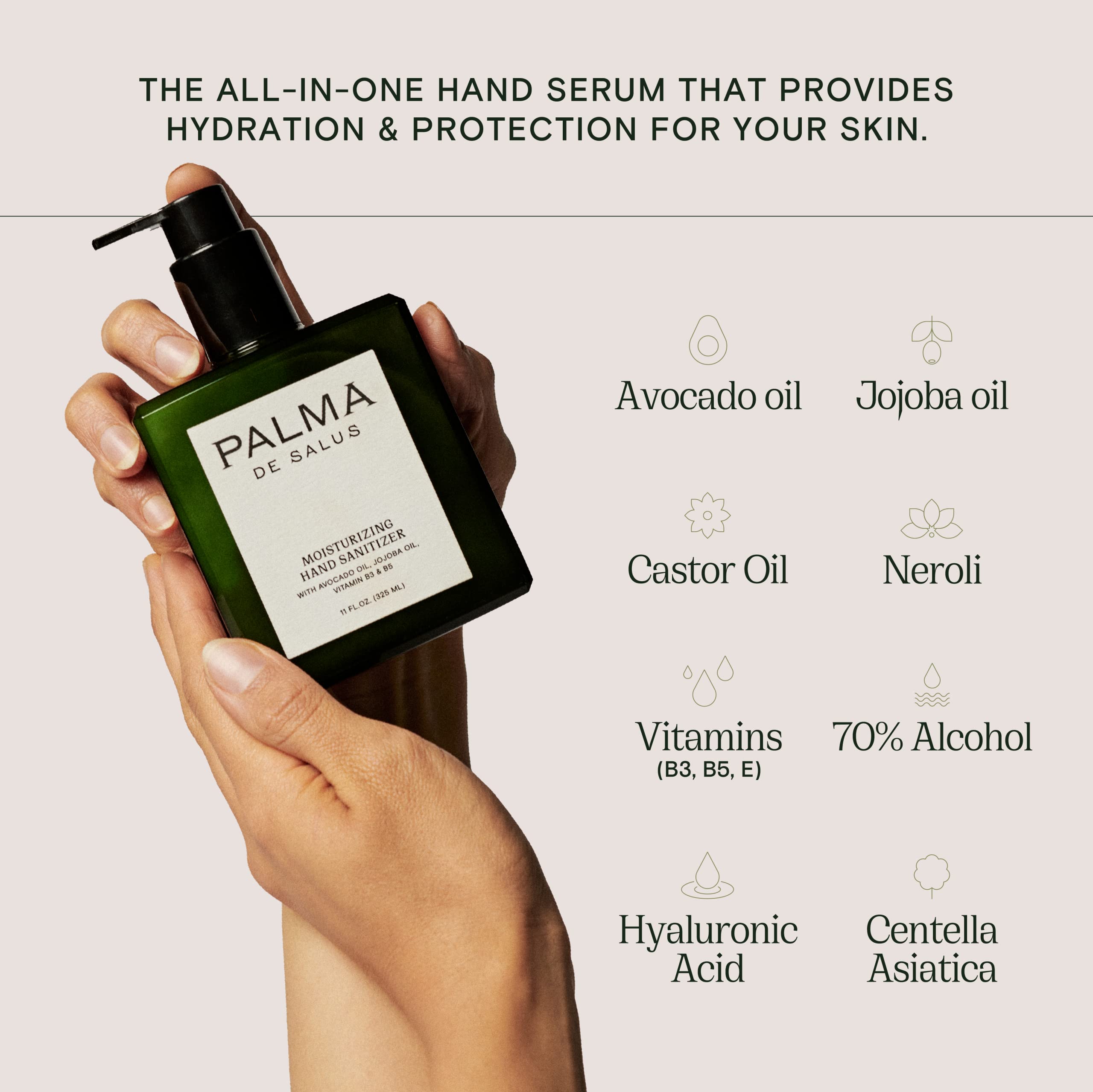 Palma de Salus 2-in-1 moisturizing lotion bottle demonstrating dual-use