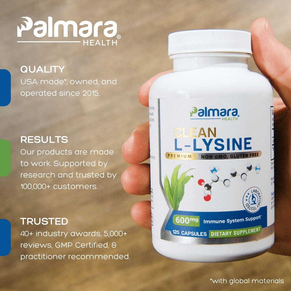 Palmara Health Clean L-Lysine 600mg bottle label shows vegan, non-GMO, gluten-free formula.