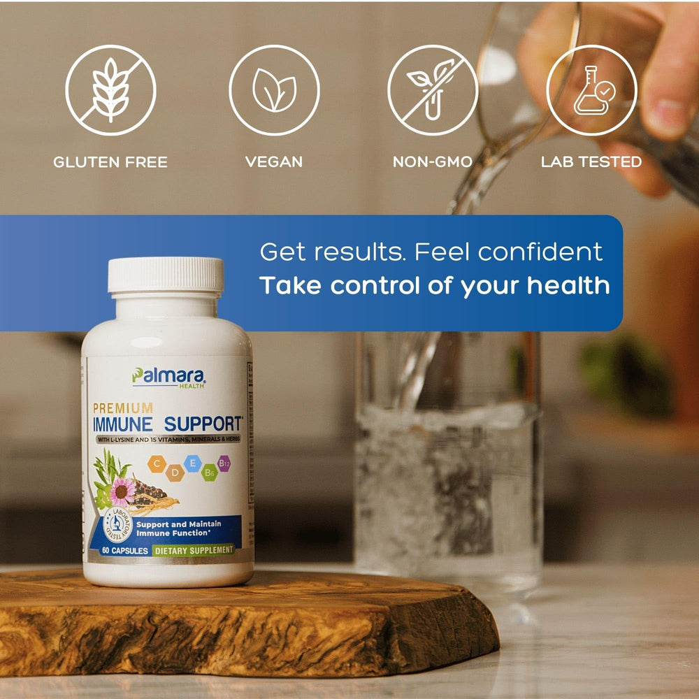 Capsules close-up reveals vegan non-GMO ingredients for Palmara Health Immune Support.