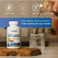 Capsules close-up reveals vegan non-GMO ingredients for Palmara Health Immune Support.