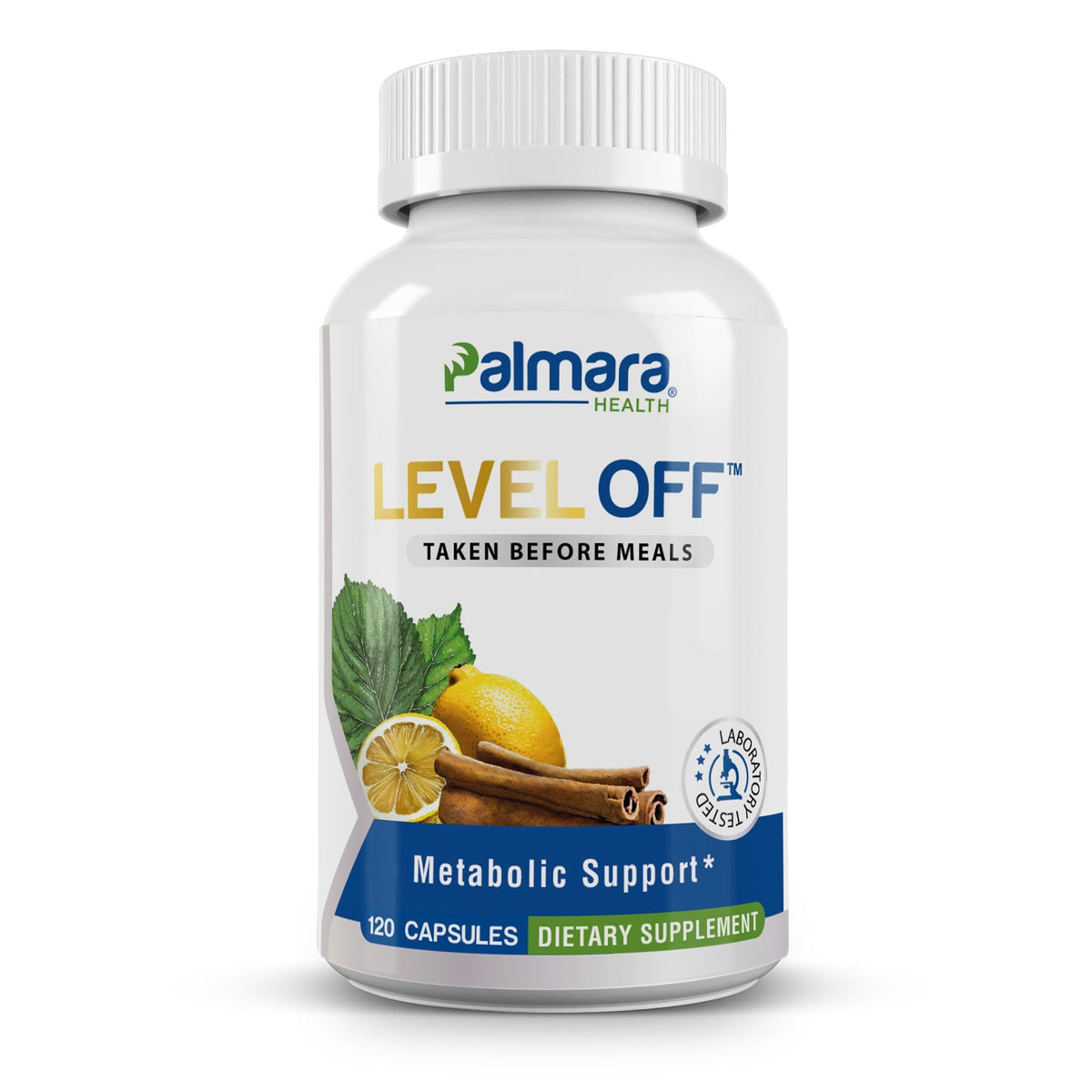 Palmara Health Level Off bottle front promotes metabolic support with a clean vegan formula.