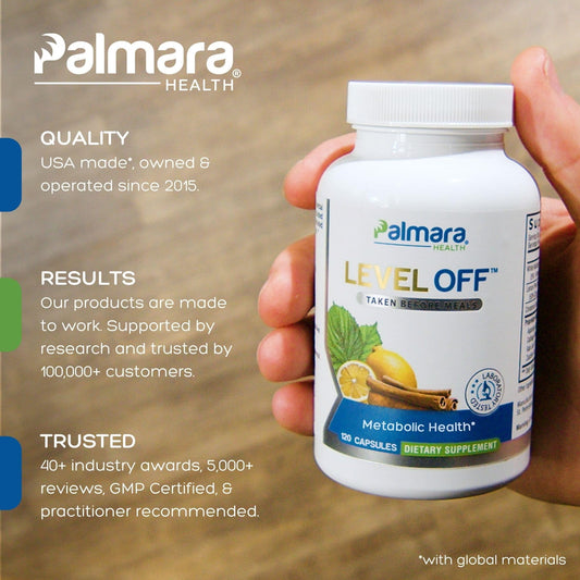 Palmara Health Level Off capsules closeup showing easy-to-swallow vegan capsules.