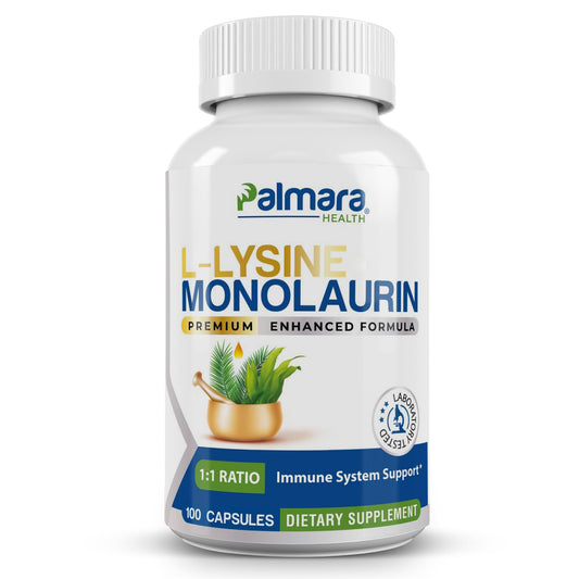 Palmara Health L-Lysine with Monolaurin bottle front for daily wellness.