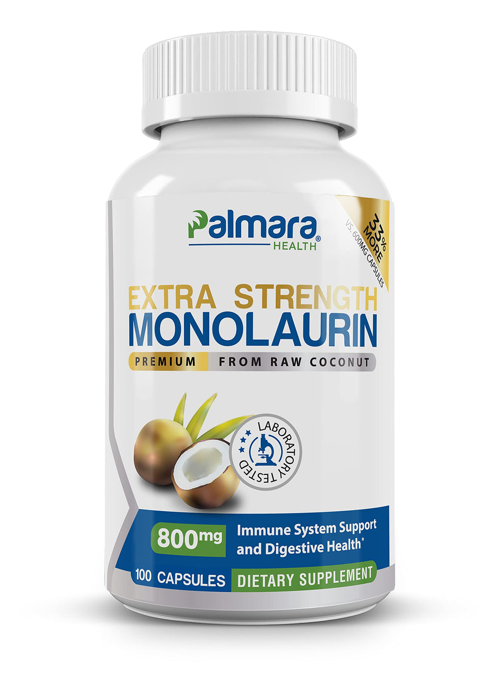 Palmara Health Monolaurin 800mg capsule in bottle supports daily vegan wellness.
