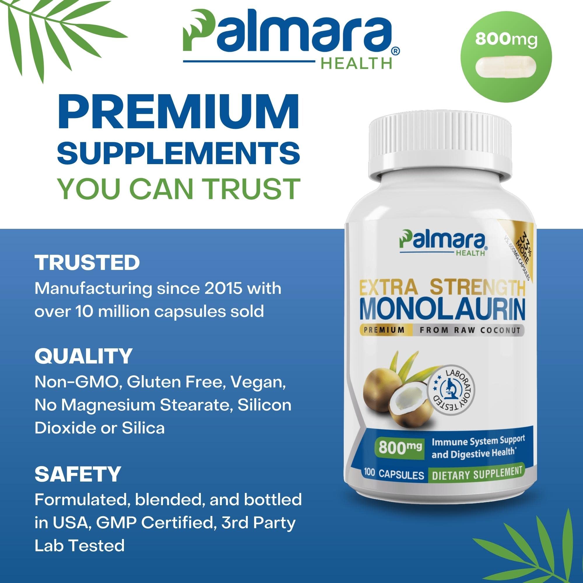 Palmara Health Monolaurin serving size label shows 1,600mg total per serving.