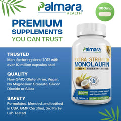 Palmara Health Monolaurin serving size label shows 1,600mg total per serving.