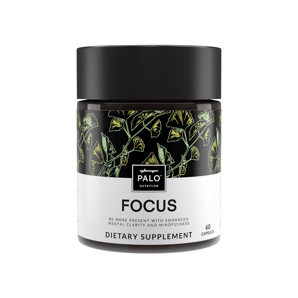 PALO Focus bottle front shows a natural brain-boosting blend for focus.