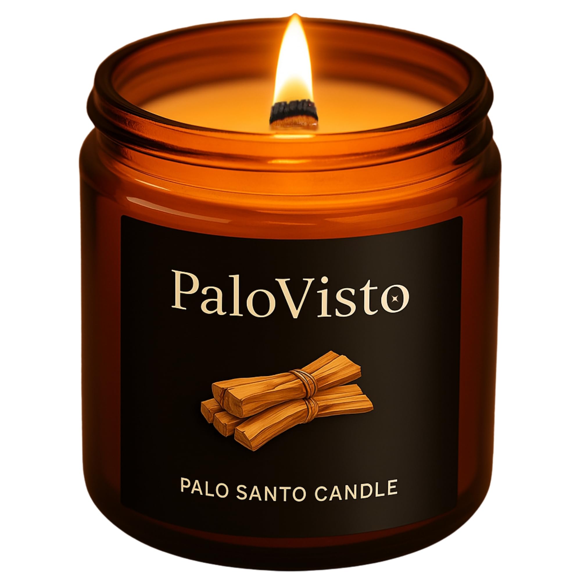 PaloVisto Palo Santo candle in amber jar for warm, clean burn.