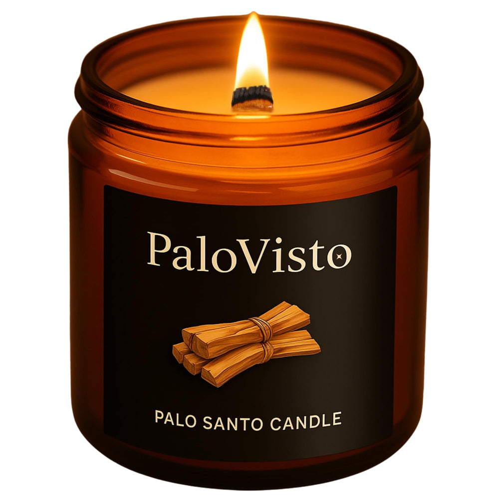PaloVisto Palo Santo candle in amber jar for warm, clean burn.