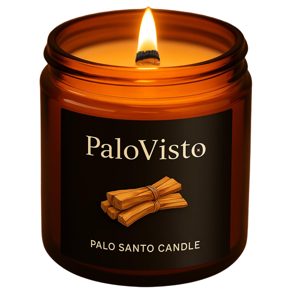 PaloVisto Palo Santo candle in amber jar for warm, clean burn.