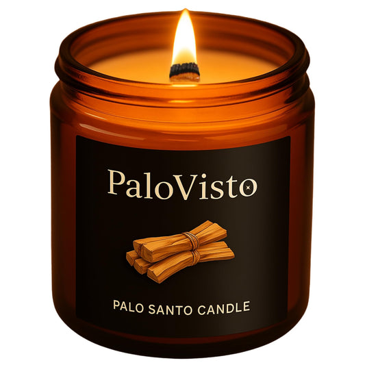 PaloVisto Palo Santo candle in amber jar for warm, clean burn.