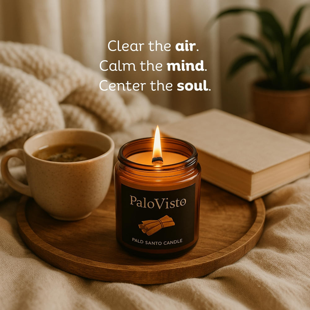 PaloVisto candle with crackling wick releasing soothing aroma.