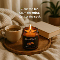 PaloVisto candle with crackling wick releasing soothing aroma.