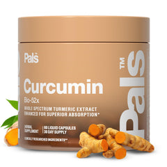 PALS Turmeric Curcumin 500mg capsules close-up, vegan formula for joint support.