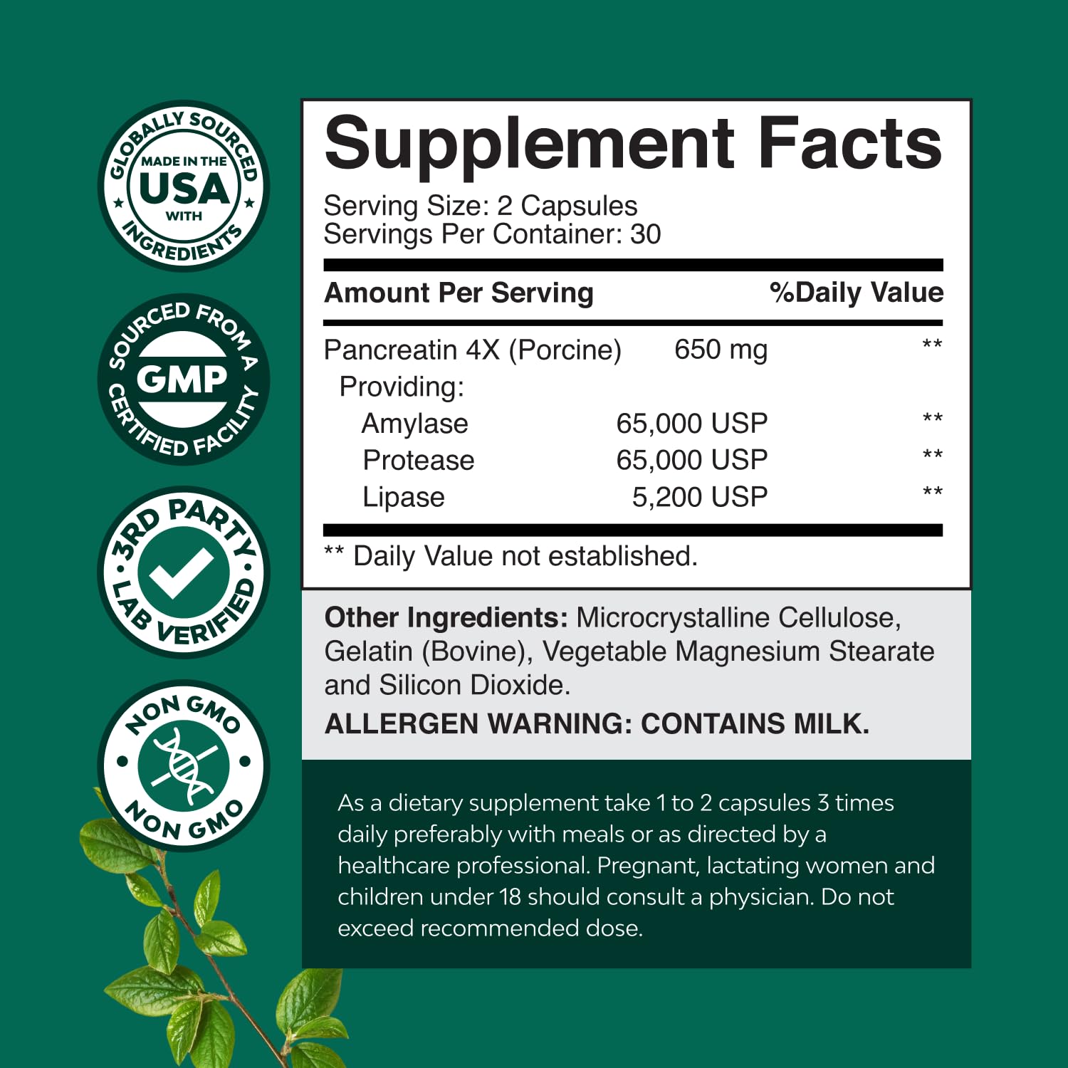 Label close-up showing Pancreatin's 4X enzyme blend for meals.
