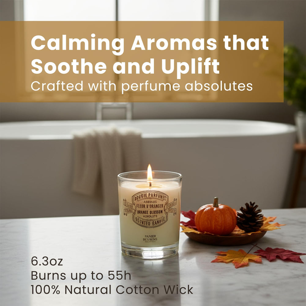 Panier des Sens Iris Candle closeup reveals premium wax and a natural wick.