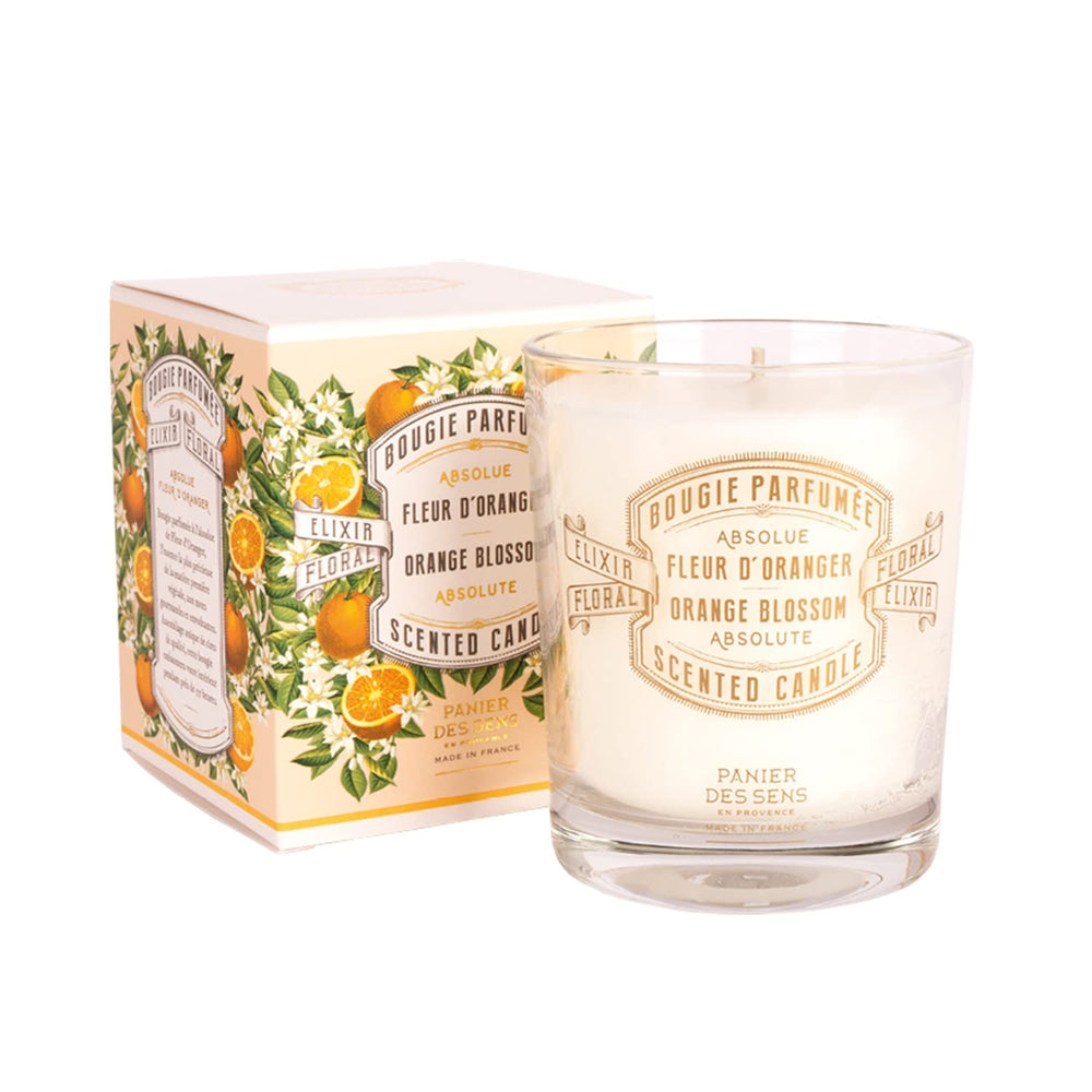 Panier des Sens orange blossom candle in Provence jar adds subtle room ambiance.
