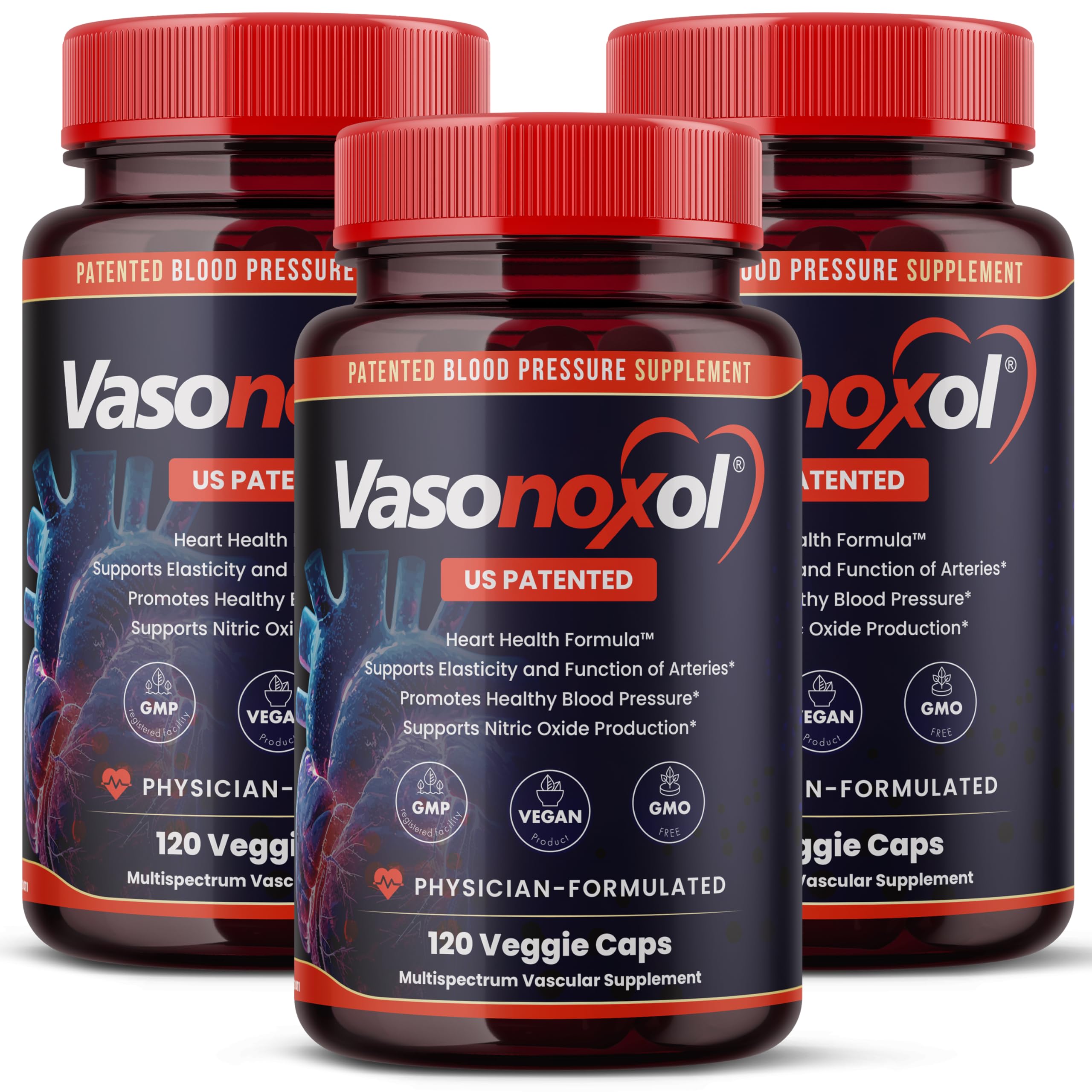 Panoxol Vasonoxol bottle label showing patented nitric oxide formula for vascular support.