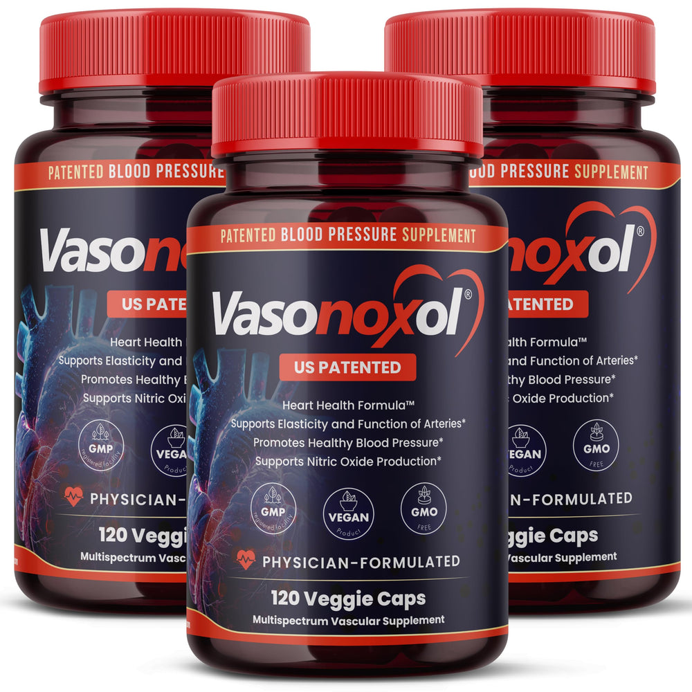 Panoxol Vasonoxol bottle label showing patented nitric oxide formula for vascular support.