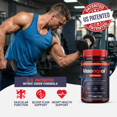 Panoxol Vasonoxol capsules closeup emphasizing vegan, non-GMO ingredients.