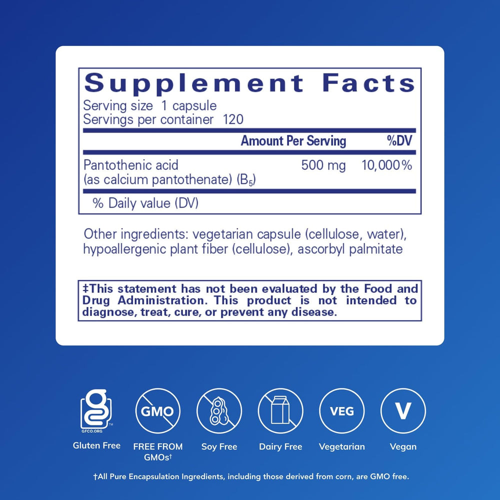 Pantothenic acid capsules closeup highlights easy daily supplementation and capsule quality.