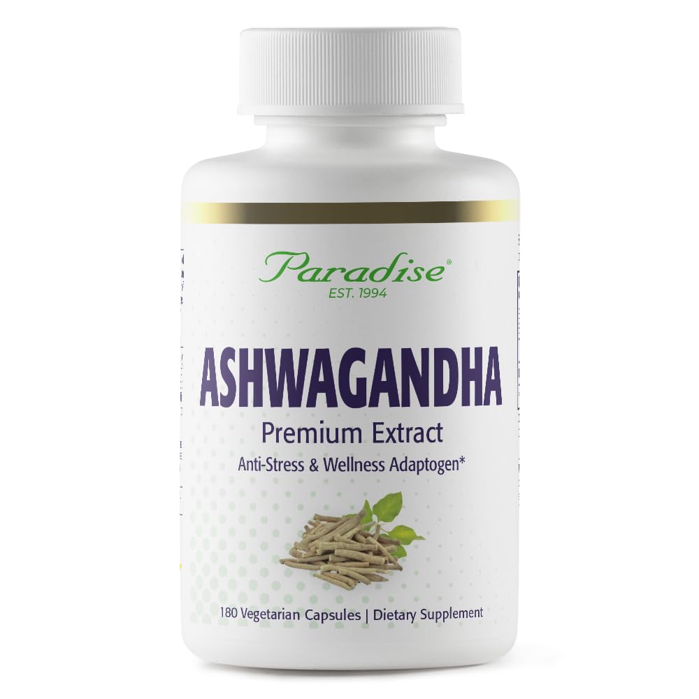 Paradise Herbs Ashwagandha bottle illustrates a premium adaptogen for daily vitality.