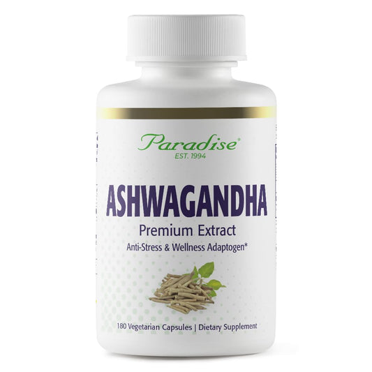 Paradise Herbs Ashwagandha bottle illustrates a premium adaptogen for daily vitality.