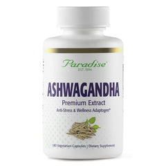 Paradise Herbs Ashwagandha bottle illustrates a premium adaptogen for daily vitality.