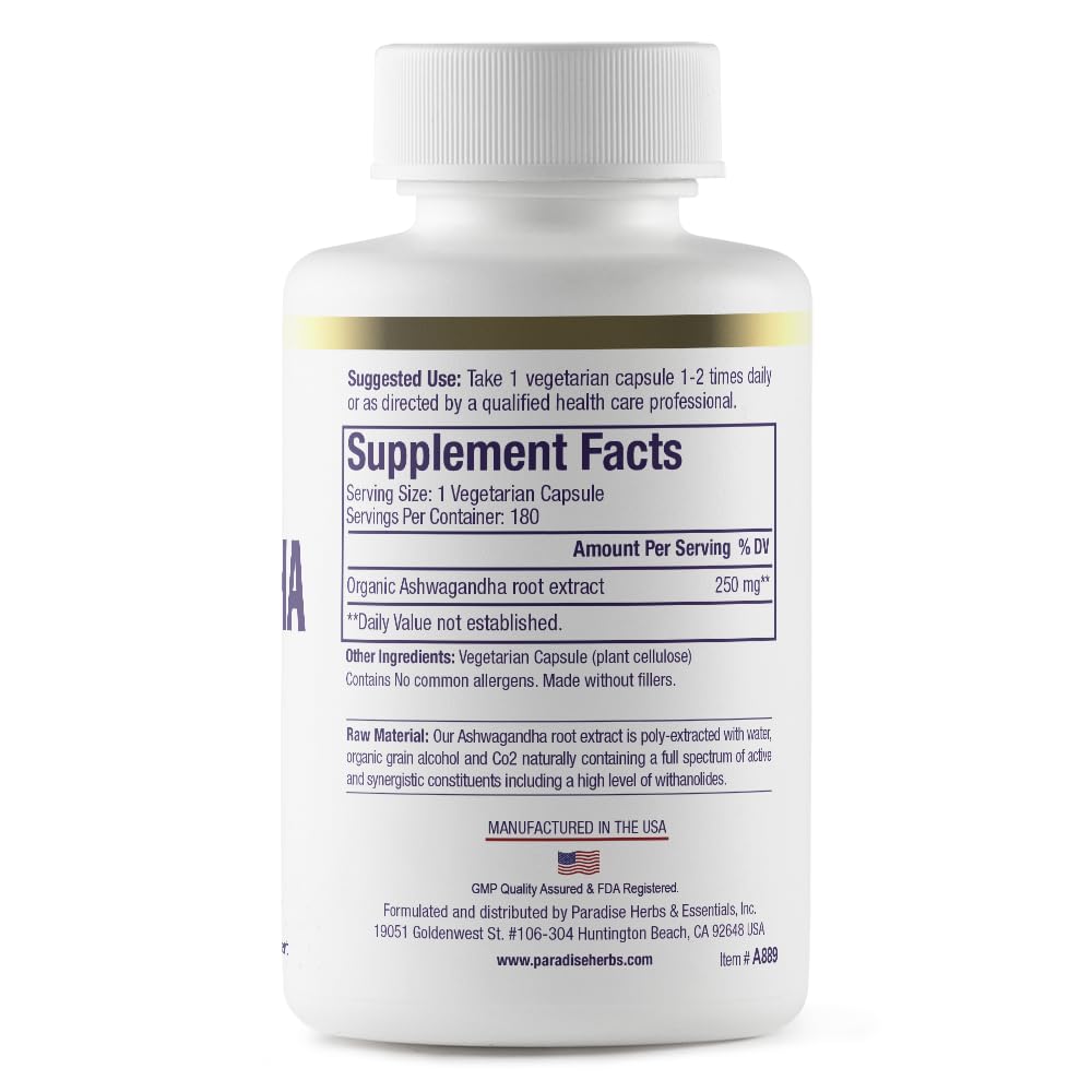 Paradise Herbs Ashwagandha capsules close-up may support focus and stress resilience.