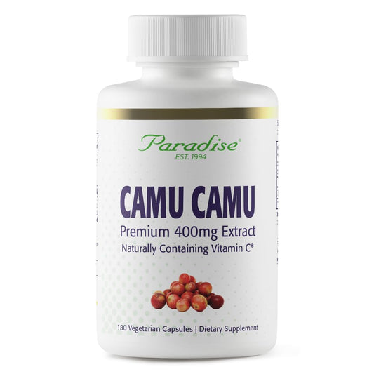 Paradise Herbs Camu Camu extract bottle showing rich vitamin C content for daily antioxidant support.