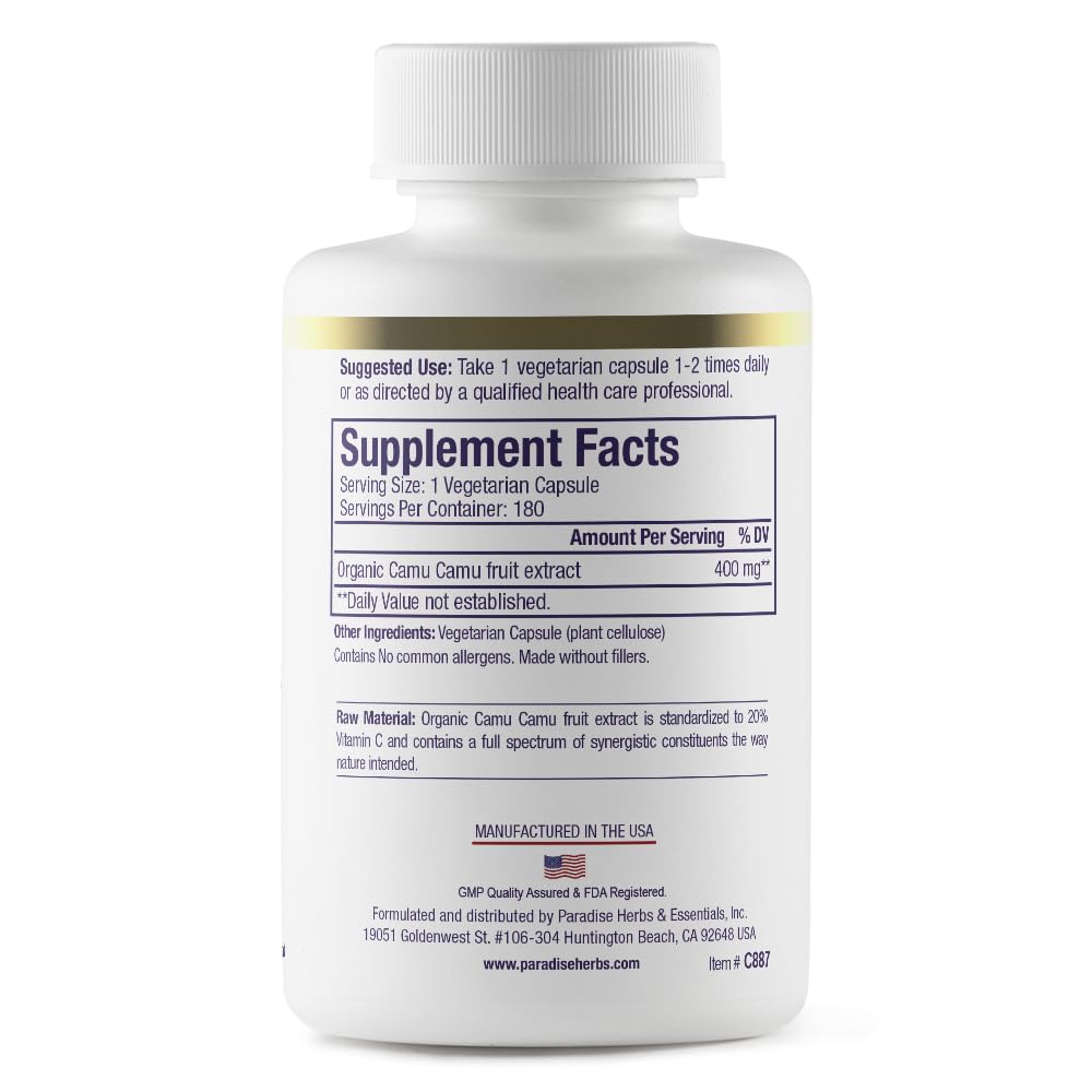 Paradise Herbs Camu Camu extract capsules for convenient vegan daily use.