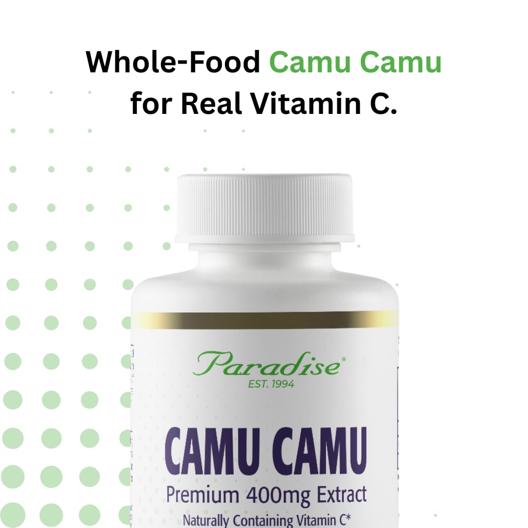 Paradise Herbs Camu Camu extract facility label showing US cGMP certification.