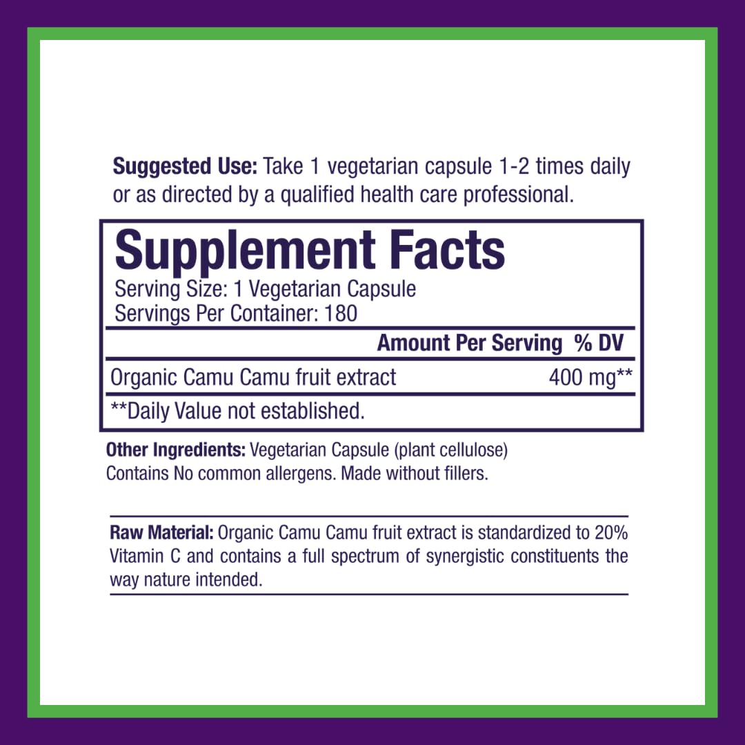 Paradise Herbs Camu Camu extract ingredients panel highlighting gluten-free and non-GMO formula.