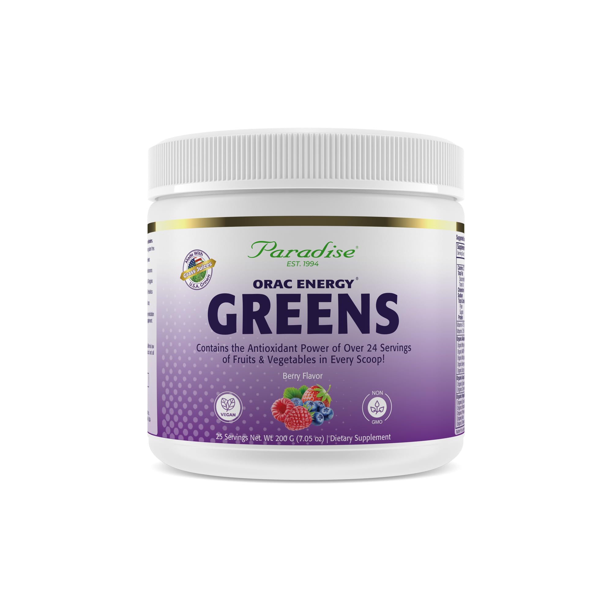 Paradise Herbs ORAC Energy Greens berry powder ready to blend into smoothies.