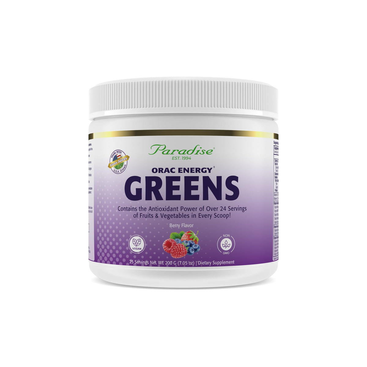 Paradise Herbs ORAC Energy Greens berry powder ready to blend into smoothies.