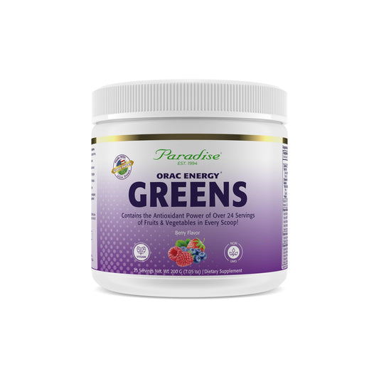 Paradise Herbs ORAC Energy Greens berry powder ready to blend into smoothies.